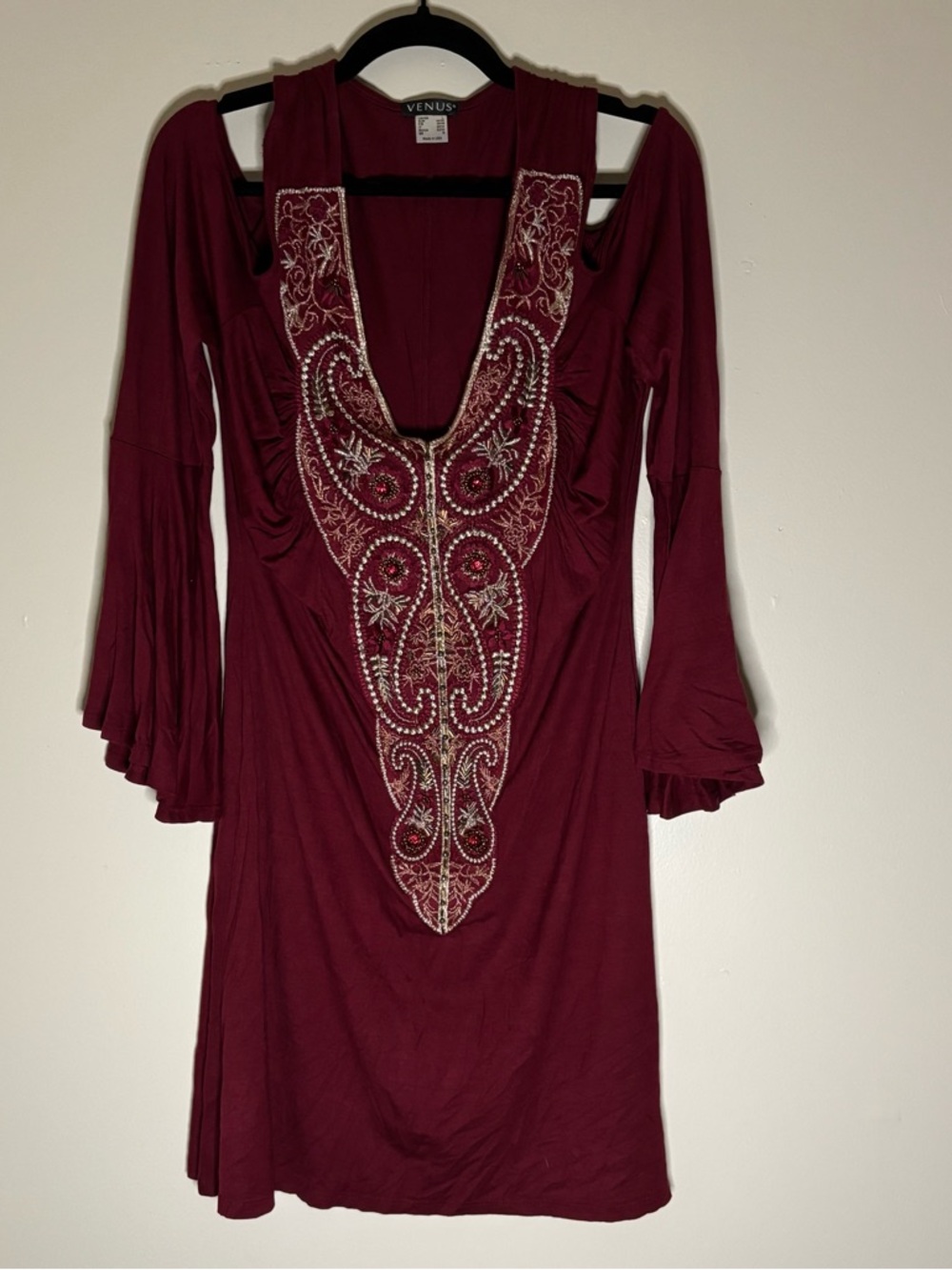 Venus Women's Burgundy Beaded V-Neck Dress Size L